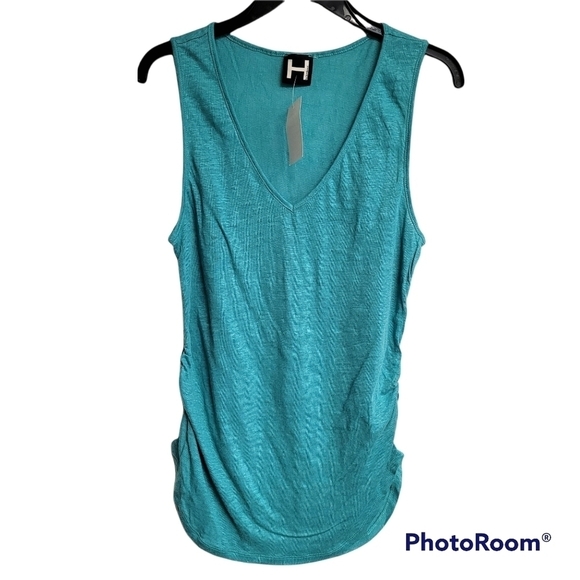 H By Bordeaux Teal Linen Sleeveless V-neck Ruched Sides Tank Top Size Small NWT - Picture 1 of 10